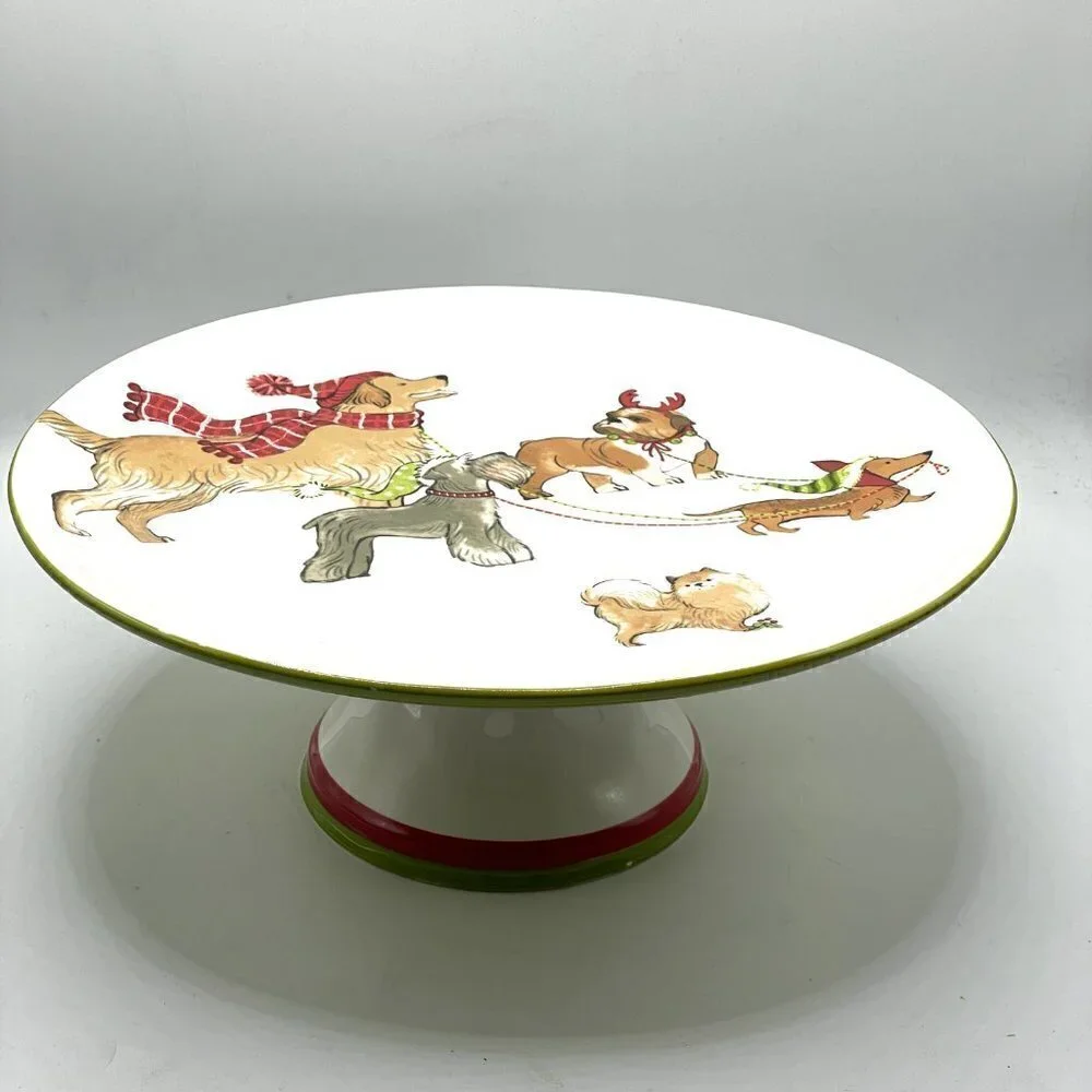 Pier 1 Park Avenue Puppies Christmas Cake Hand Painted Ironstone Dessert Stand